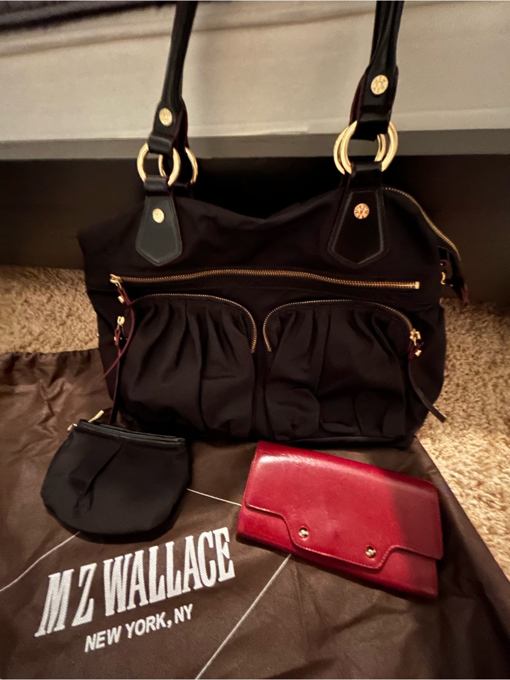 MZ Wallace Black Nylon Tote with Gold Hardware and Red Wallet